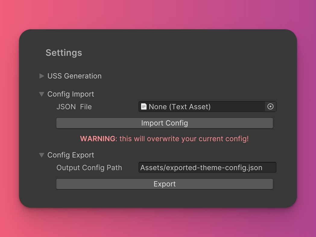 Settings Section for Import and Export