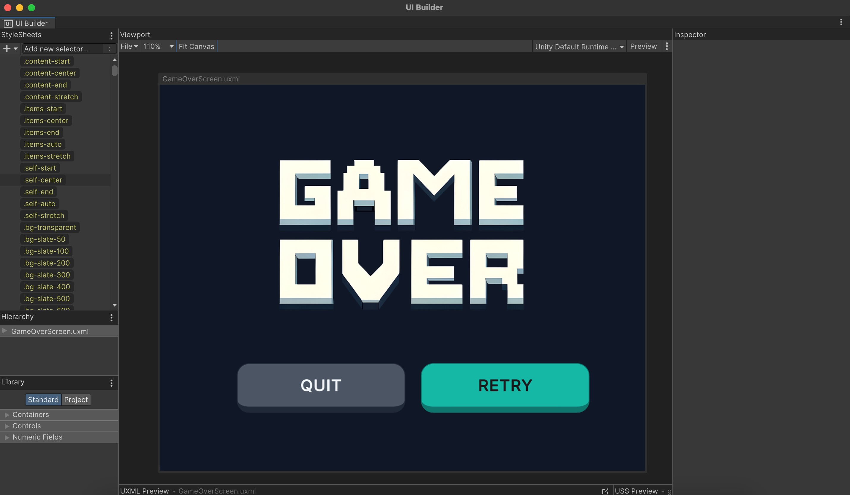 UI Builder GameOver uxml demo